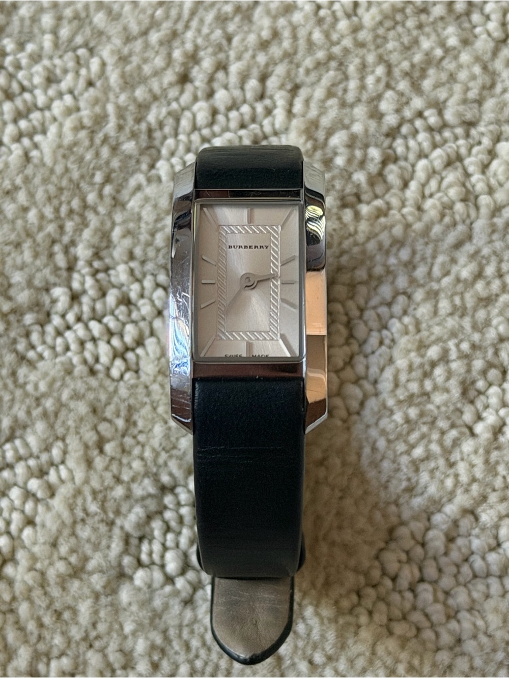 Burberry Silver-Tone Rectangular Watch with Black Leather Strap